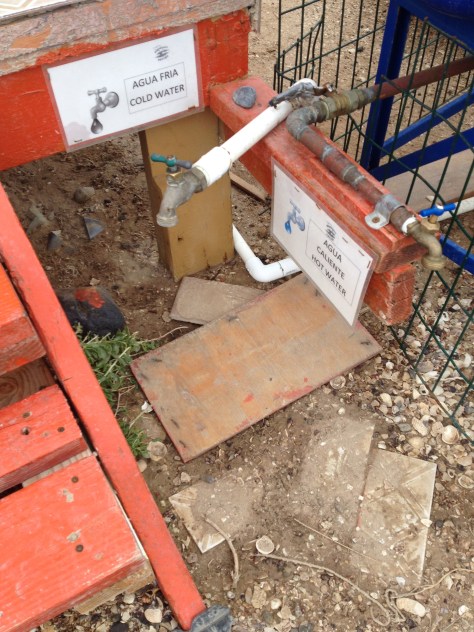 Fill up the bucket mixing hot with cold.